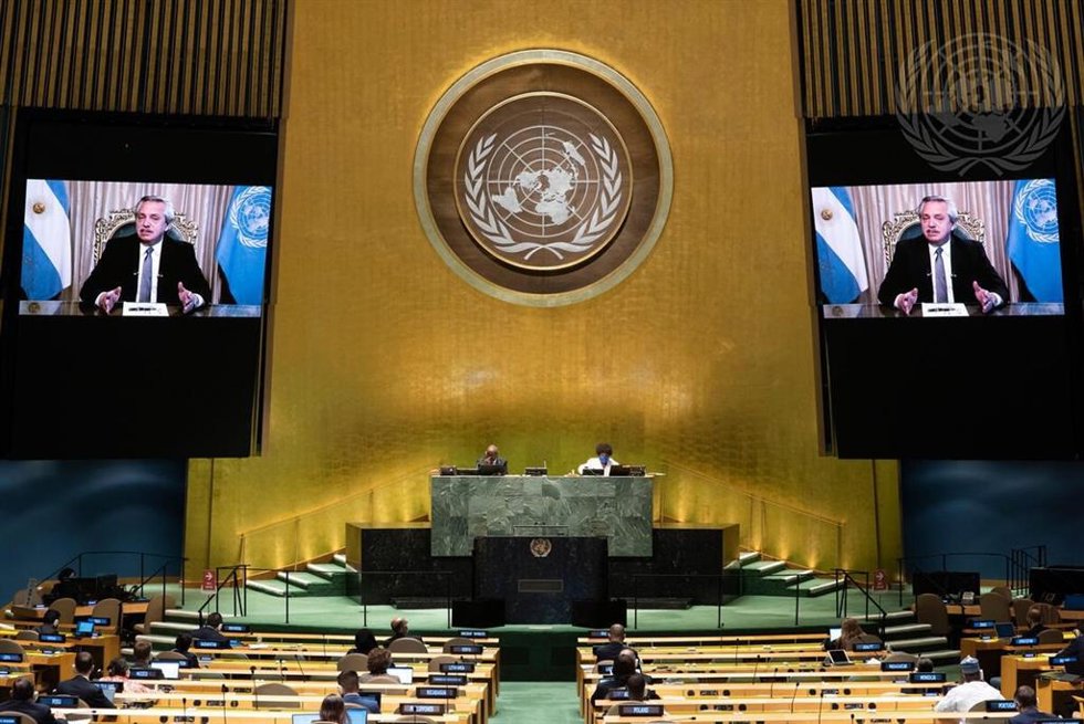 El presidente de Argentina, Alberto Fernández, durante su intervención telemática en la Asamblea General de Naciones Unidas