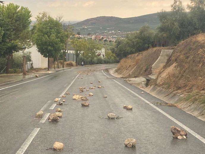 Estado que presentaba la CP-6218 'De Lucena a la Ermita de Nuestra Señora de Araceli' antes de ser despejada y reabierta al tráfico.