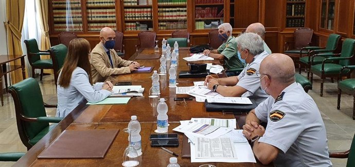 El subdelegado durante una reunión reunión con Policía Nacional, Guardia Civil y la responsable de Violencia de Género de la Subdelegación.