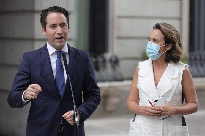 El secretario general del PP, Teodoro García Egea, interviene en una rueda de prensa posterior a un pleno de control al Gobierno en el Congreso de los Diputados, a 22 de septiembre de 2021, en Madrid, (España). 