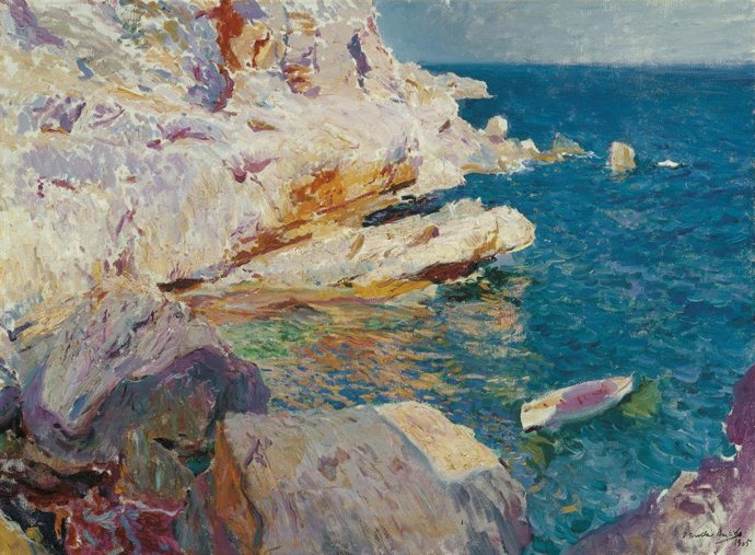 Joaquín Sorolla, Rocas de Jávea y el bote blanco, 1905. Colección Carmen Thyssen-Bornemisza en préstamo gratuito al Museo Carmen Thyssen Málaga