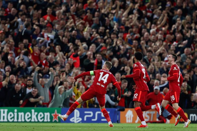 Jordan Henderson (Liverpool FC) celebrates the victory goal during the UEFA Champions League football match Group B - Liverpool FC vs AC Milan on September 15, 2021 at the Anfield in Liverpool, England - Photo Francesco Scaccianoce / LiveMedia / DPPI