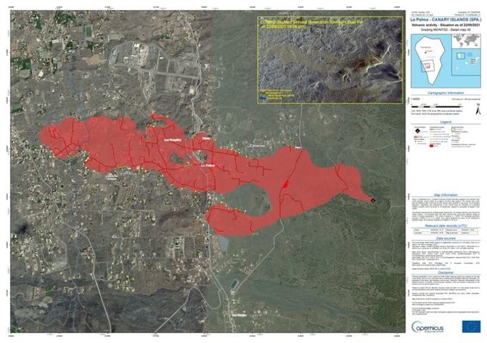 La zona afectada por la erupción del volcán de La Palma vista con el programa europeo Copérnicus