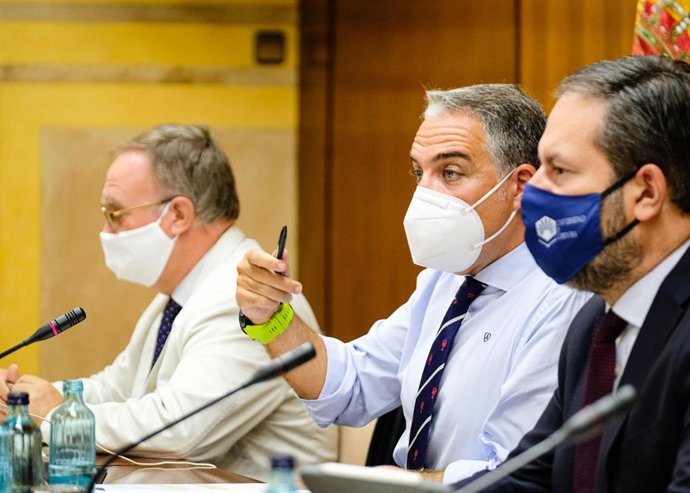 Elías Bendodo (c.), este jueves en el Parlamento