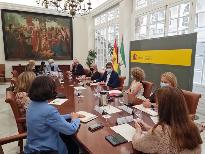 El delegado del Gobierno de España en Andalucía, Pedro Fernández, en la reunión con los responsables de las Unidades de Violencia de Género  y con su coordinadora, Maribel Montaño.