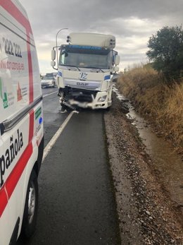 Camión siniestrado en el accidente mortal de Zafra.