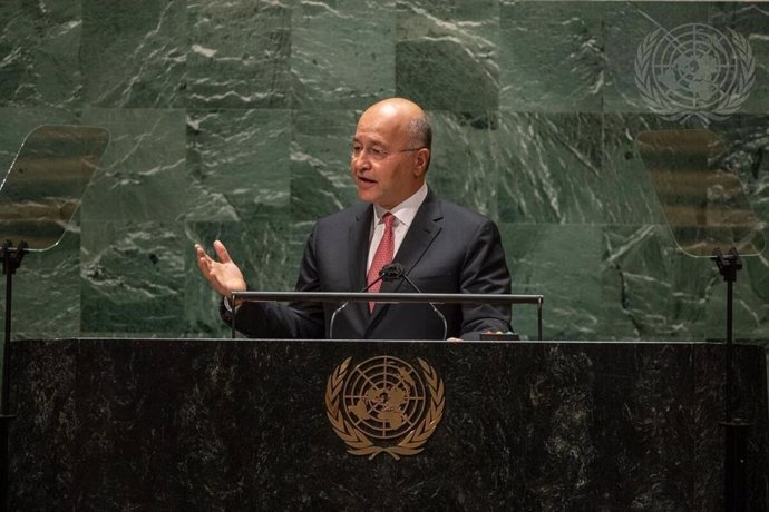 El presidente de Irak, Barham Salí, habla ante la Asamblea General de la ONU.