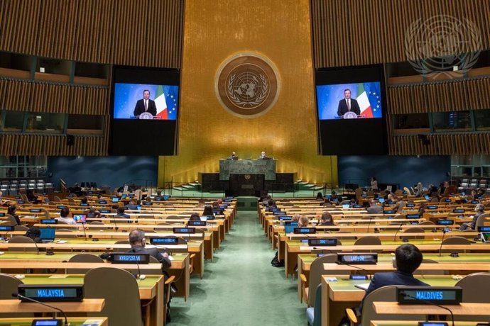 El primer ministro de Italia, Mario Draghi, habla ante la Asamblea General de la ONU.