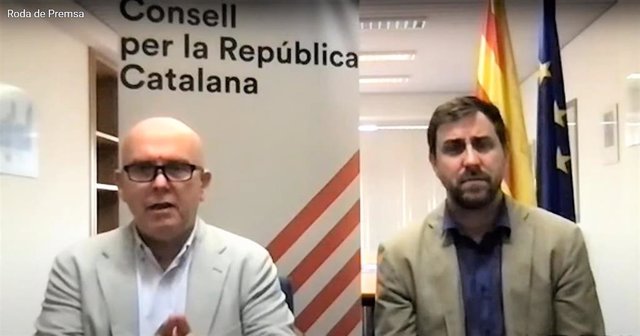 Gonzalo Boye (abogado de Carles Puigdemont) y el exconseller Toni Comín en rueda de prensa telemática