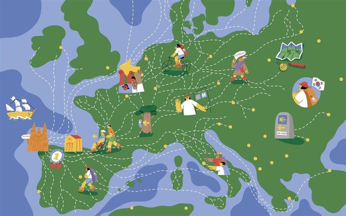 Mapa ilustrado de los Caminos de Santiago en Europa.