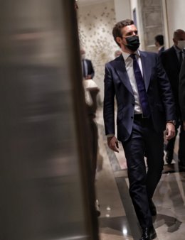 El presidente del Partido Popular, Pablo Casado, a su llegada a un desayuno informativo.