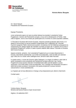 Carta de la consellera de Acción Exterior y Gobierno Abierto de la Generalitat, Victria Alsina.