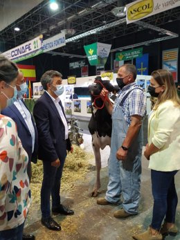 El consejero de Medio Rural y Cohesión Territorial del Principado, Alejandro Calvo, conversa con un ganadero junto a la diputada regional Alba Álvarez,  en la inauguración en Gijón de Agropec