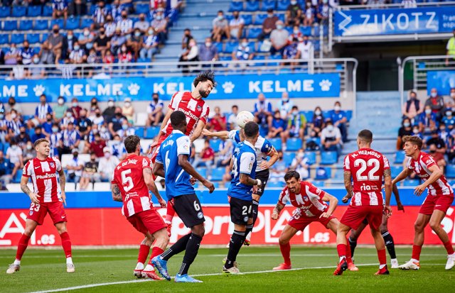 Victor Laguardia of Deportivo Alaves scoring a goal during the Spanish league, La Liga Santander, football match played between Deportivo Alaves and Atletico de Madrid at Mendizorroza stadium on September 25, 2021 in Vitoria, Spain.