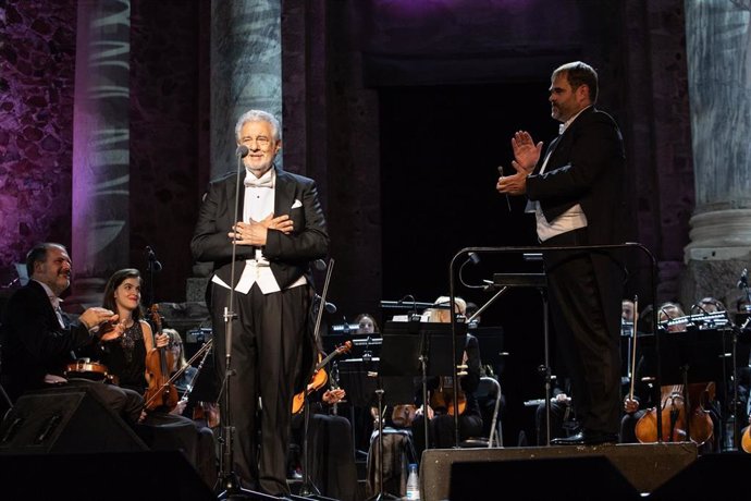 El tenor Plácido Domingo, durante un concierto en el marco del Stone & Music Festival, en el Teatro Romano de Mérida.
