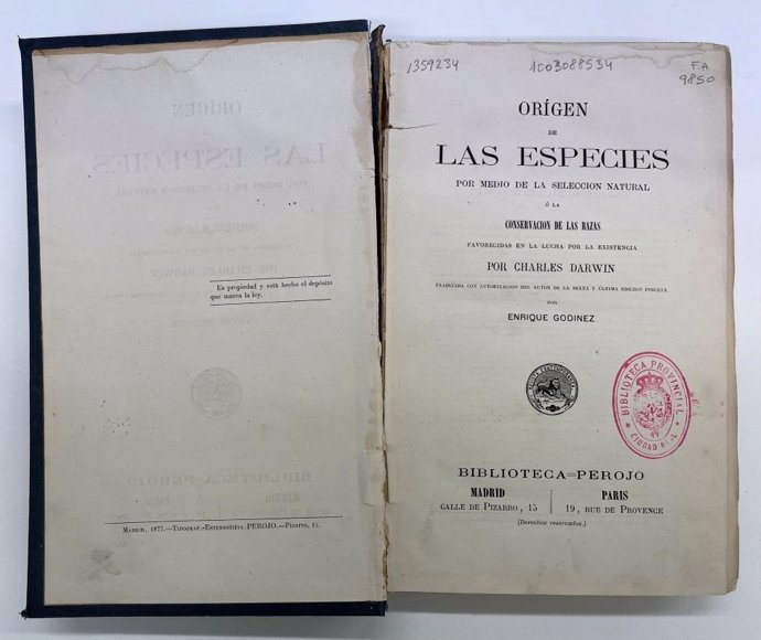 La primera edición en español del 'Origen de las Especies' vuelve restaurado a la Biblioteca del Estado de Ciudad Real
