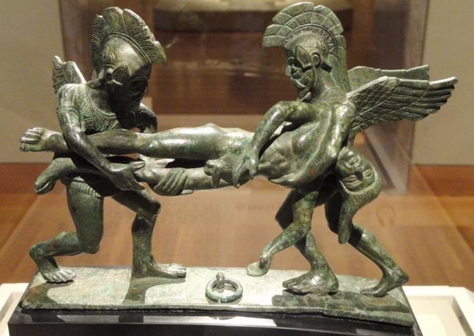 Sueño y muerte llevando el sarpedón asesinado (mango de cista), 400-380 a.C., etrusco, bronce - Museo de Arte de Cleveland