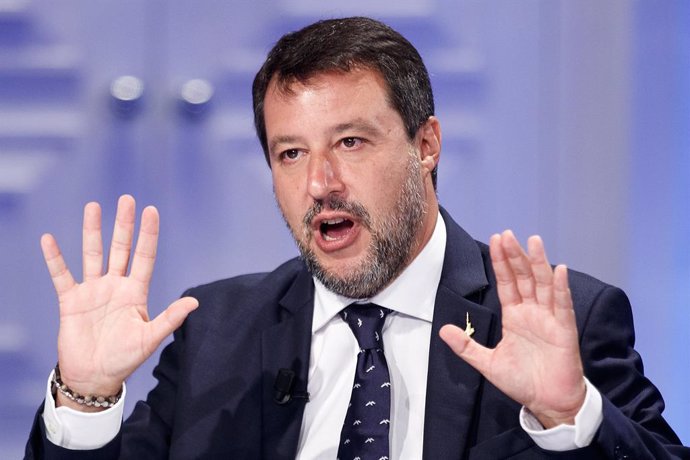 21 September 2021, Italy, Rome: Matteo Salvini, leader of the Italian Lega party, speaks on the TV program "Porta a Porta". Italian Lega leader Salvini is calling for a merger of the three centre-right parties in the European Parliament. Photo: Roberto 