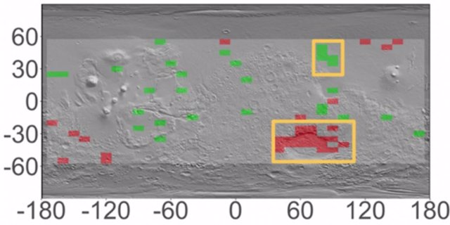 Mapa de Marte con topografía superpuesta que indica áreas con variaciones estacionales significativas en el contenido de hidrógeno