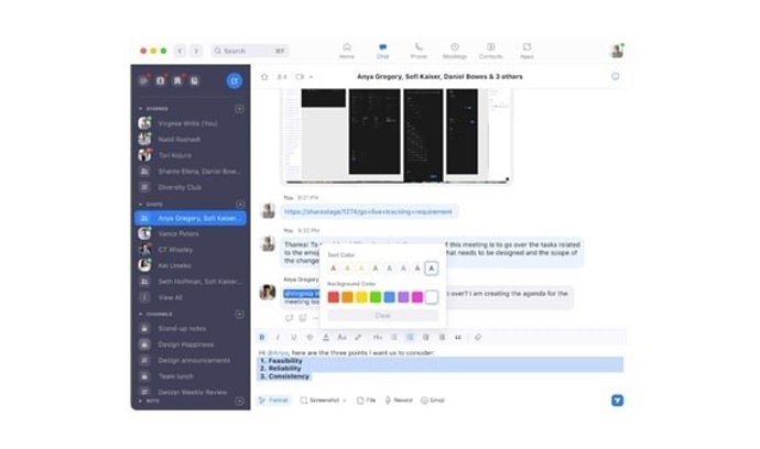 Texto enriquecido en el chat de Zoom.