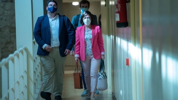 La consejera de Salud, Sara Alba, llega al Parlamento riojano acompañada de parte de su equipo