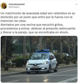 Captura del tuit de la Policía Municipal de Valladolid.