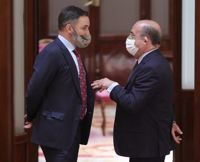 El líder de Vox, Santiago Abascal, conversa con su diputado, Ignacio Gil Lázaro.