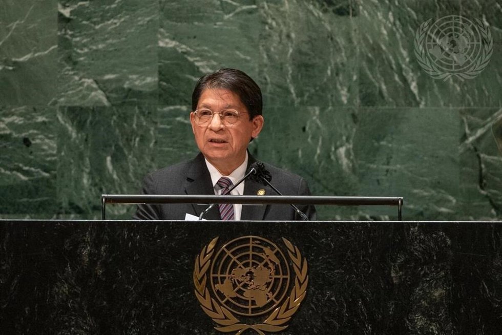 El canciller de Nicaragua, Denis Moncada, durante su intervención en la Asamblea General de Naciones Unidas