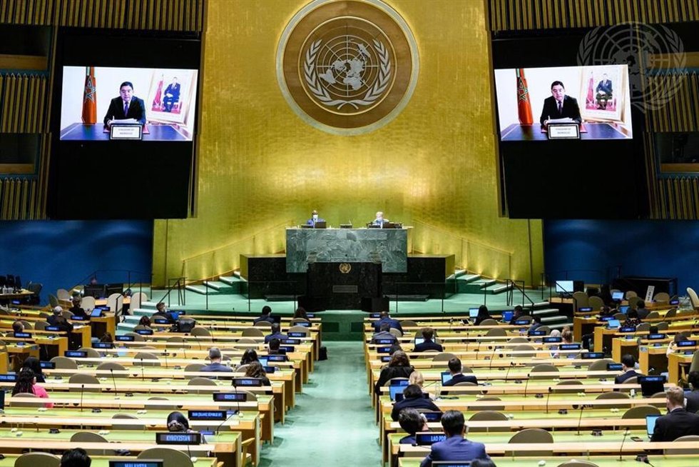 El ministro de Exteriores de Marrucos, Nasser Bourita, durante su intervención en la Asamblea General de Naciones Unidas