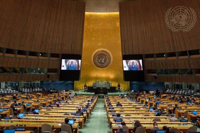 El presidente de Yibuti, Ismail Omar Guelleh, habla en vídeo ante la Asamblea General de la ONU.