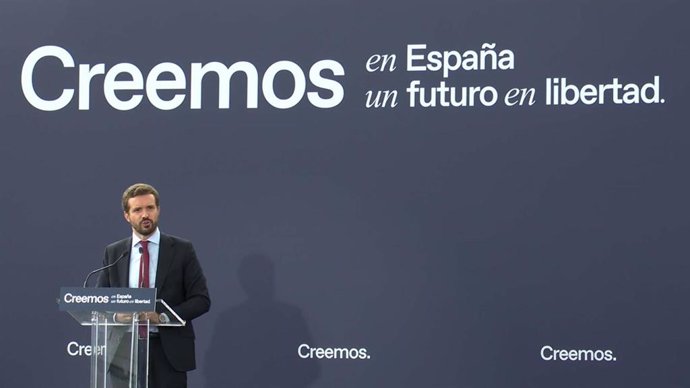 El presidente del PP, Pablo Casado, interviene en la segunda jornada de la Convención Nacional del  PP en Valladolid.