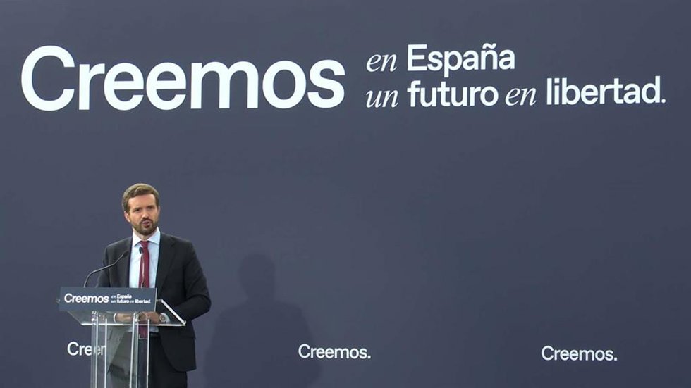 El presidente del PP, Pablo Casado, interviene en la segunda jornada de la Convención Nacional del PP en Valladolid.