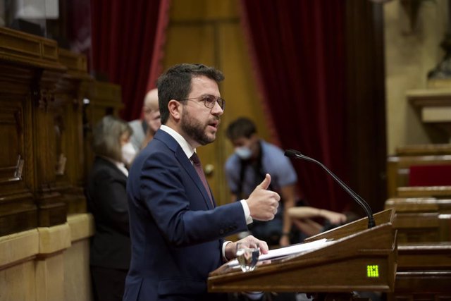 El president de la Generalitat, Pere Aragonès, en el debat de política general al Parlament