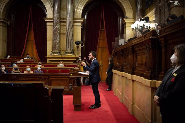 El president de la Generalitat, Pere Aragonès, en el debat de política general al Parlament