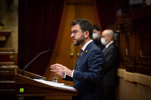 El president de la Generalitat, Pere Aragonès, en el debat de política general
