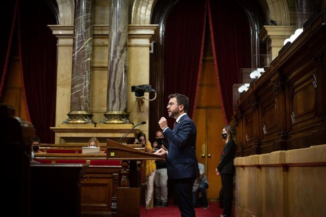 El president de la Generalitat, Pere Aragonès, en el debat de política general al Parlament