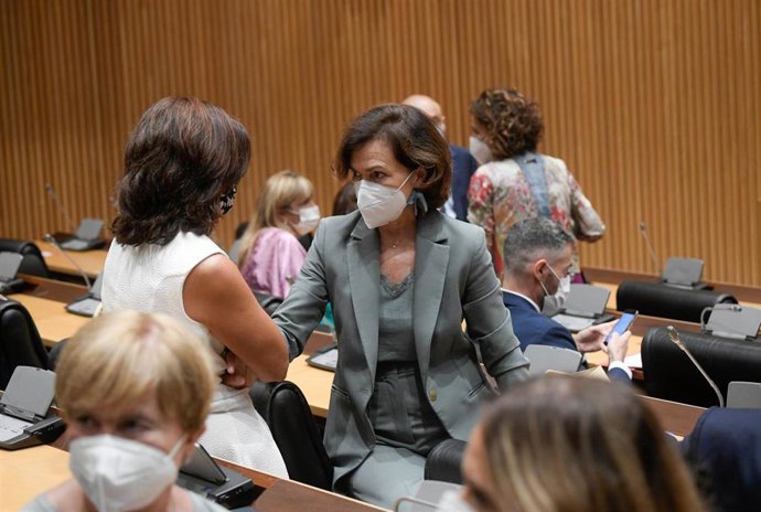 La exvicepresidenta Carmen Calvo en una reciente reunión del Grupo Socialista en el Congreso