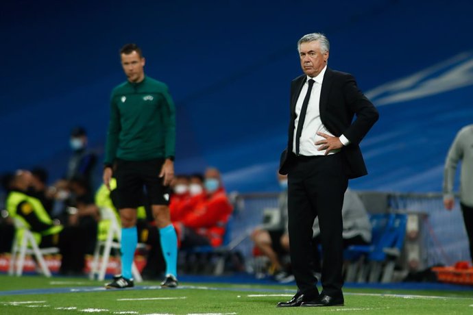 Carlo Ancelotti, coach of Real Madrid, gestures during the UEFA Champions League, Group D, football match played between Real Madrid and FC Sheriff Tiraspol at Santiago Bernabeu stadium on Septenber 28, 2021, in Madrid, Spain.