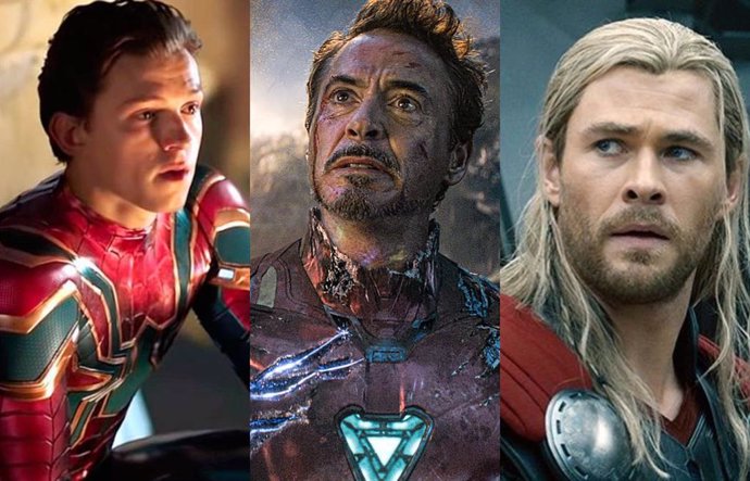 Tom Holland, Robert Downey Jr. y Chris Hemsworth como Spider-Man, Iron Man y Thor
