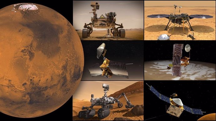 Misiones de la NASA a Marte, en el sentido de las agujas del reloj desde la parte superior izquierda: rover Perseverance y helicóptero Ingenuity, módulo de aterrizaje InSight, orbitador Odyssey, orbitador MAVEN, rover Curiosity y Mars Reconnaissance