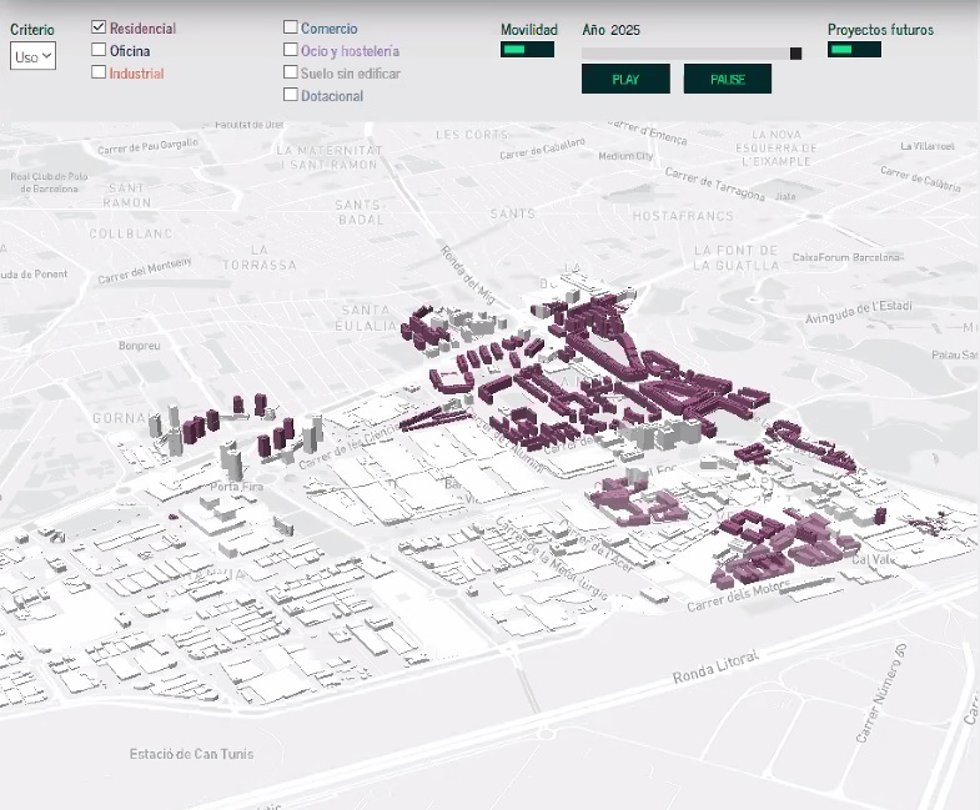 Imagen de la Zona Fira realizada por CBRE con los activos residenciales destacados en morado.