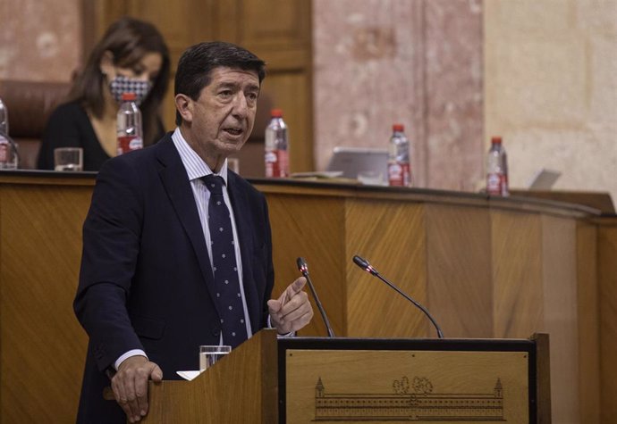 El vicepresidente de la Junta de Andalucía, Juan Marín, este miércoles durante su comparecencia en la primera jornada del Pleno del Parlamento de Andalucía.