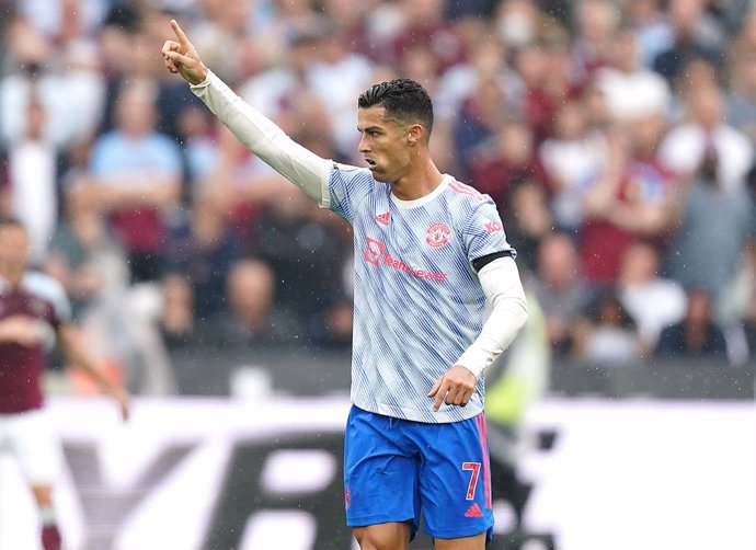 19 September 2021, United Kingdom, London: Manchester United's Cristiano Ronaldo celebrates scoring his side's first goal during the English Premier League soccer match between West Ham United and Manchester United at London Stadium. Photo: Mike Egerton