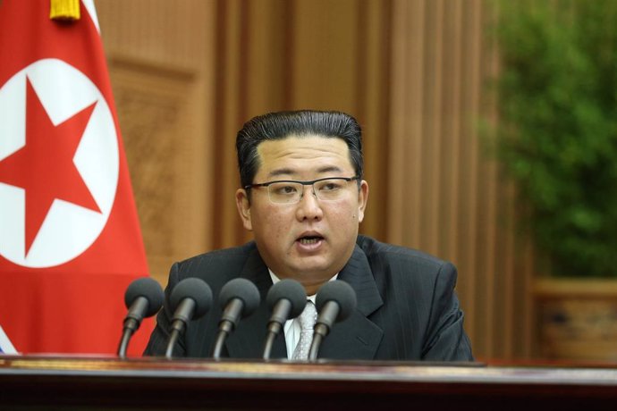 29 September 2021, North Korea, Pyongyang: North Korean leader Kim Jong-un speaks during the second day of the North Korean parliament session at the Mansudae Assembly Hall in Pyongyang. Photo: -/YNA/dpa