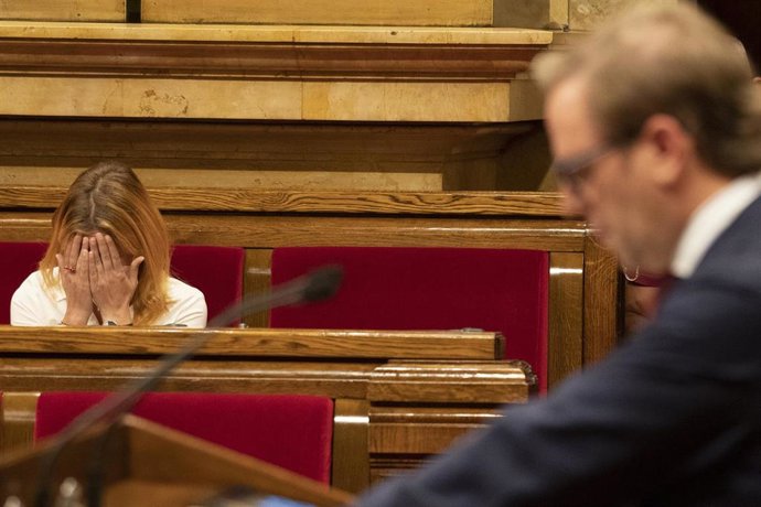 El portavoz de Vox en el Parlament, Joan Garriga, y al fondo la líder de los comuns en el Parlament, Jéssica Albiach