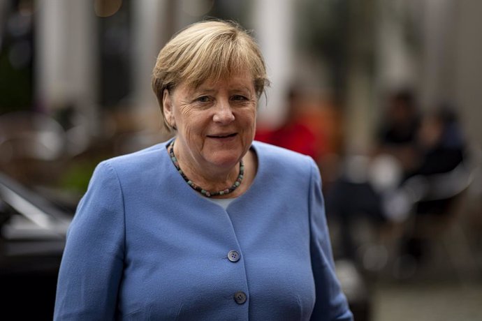 27 September 2021, Berlin: German Chancellor Angela Merkel arrives to attend the St. Michael Annual Reception 2021 of the German Bishops' Conference. Photo: Fabian Sommer/dpa