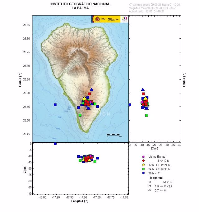 Mapa de actividad sísmica en La Palma