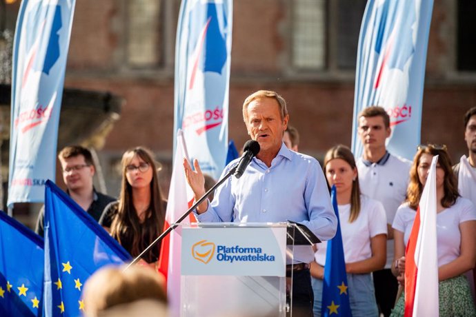 Archivo - 19 July 2021, Poland, Gdansk: Former Polish Prime Minister and Leader to the Civic Platform party Donald Tusk speaks during a political rally at the Long Market in Gdansk for the parliamentary elections in 2023. Photo: Mateusz Slodkowski/SOPA 