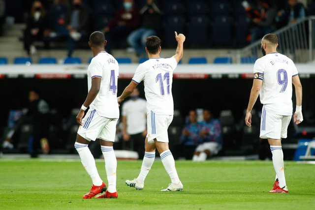 Marco Asensio of Real Madrid celebrates a goal with teammates during the spanish league, La Liga Santander, football match played between Real Madrid and RCD Mallorca at Santiago Bernabeu stadium on September 22, 2021, in Madrid, Spain.