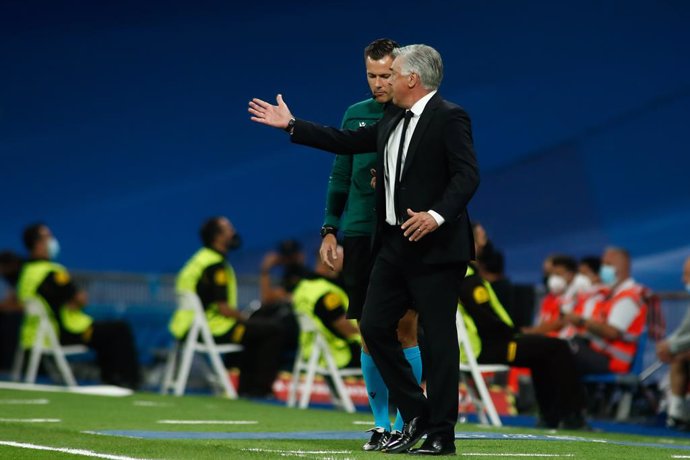 Carlo Ancelotti, coach of Real Madrid, protest during the UEFA Champions League, Group D, football match played between Real Madrid and FC Sheriff Tiraspol at Santiago Bernabeu stadium on Septenber 28, 2021, in Madrid, Spain.